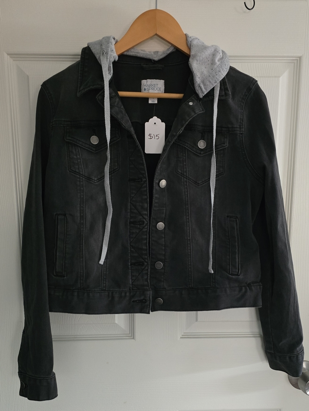 Market & Spruce Black Denim Jacket with Grey Hood